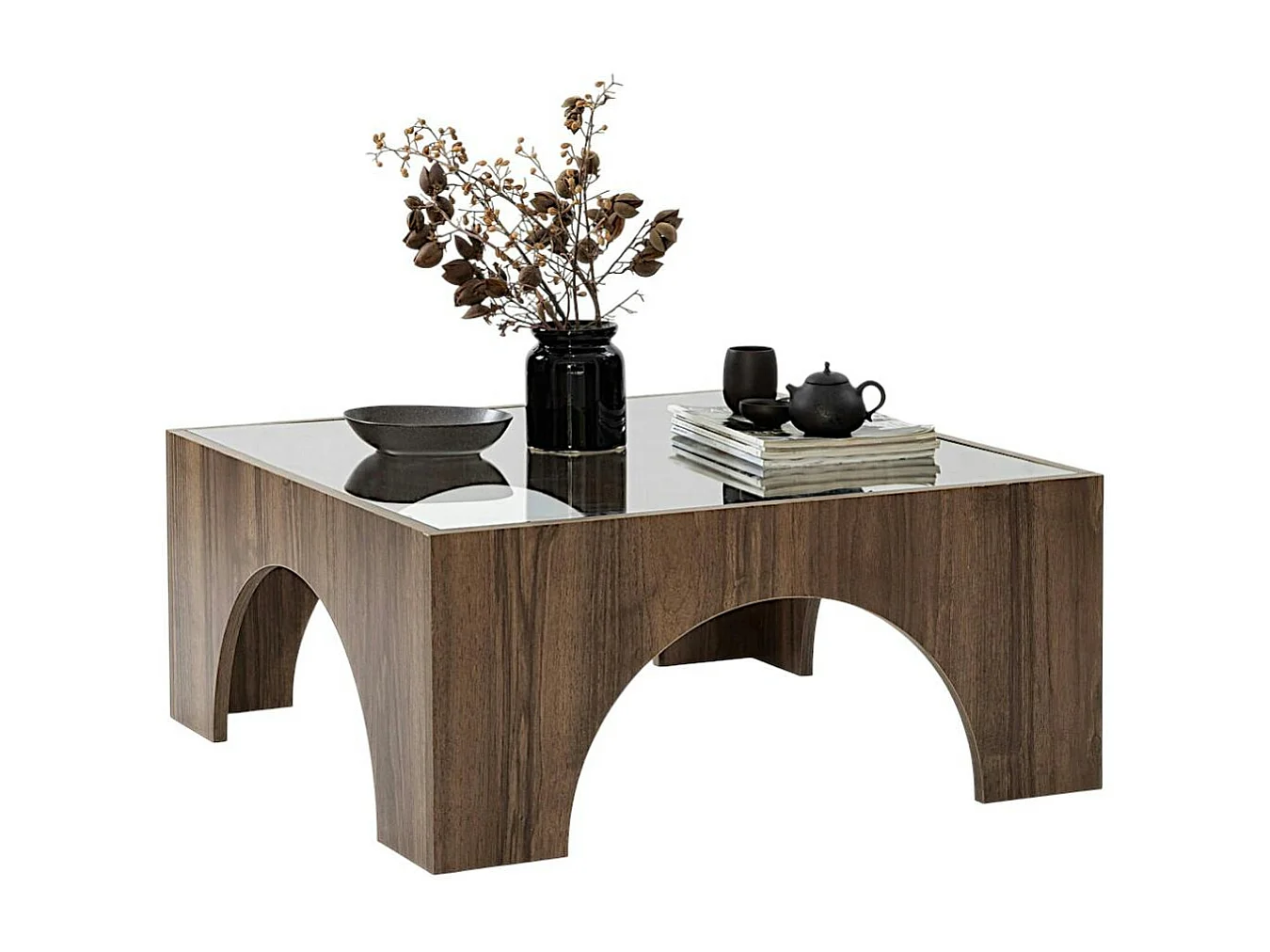 Table basse en verre, structure effet noyer à arches SALTA