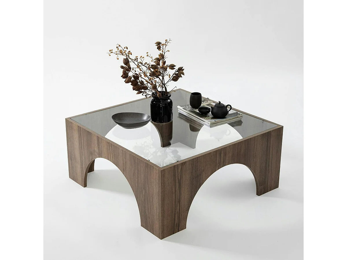 Table basse en verre, structure effet noyer à arches SALTA