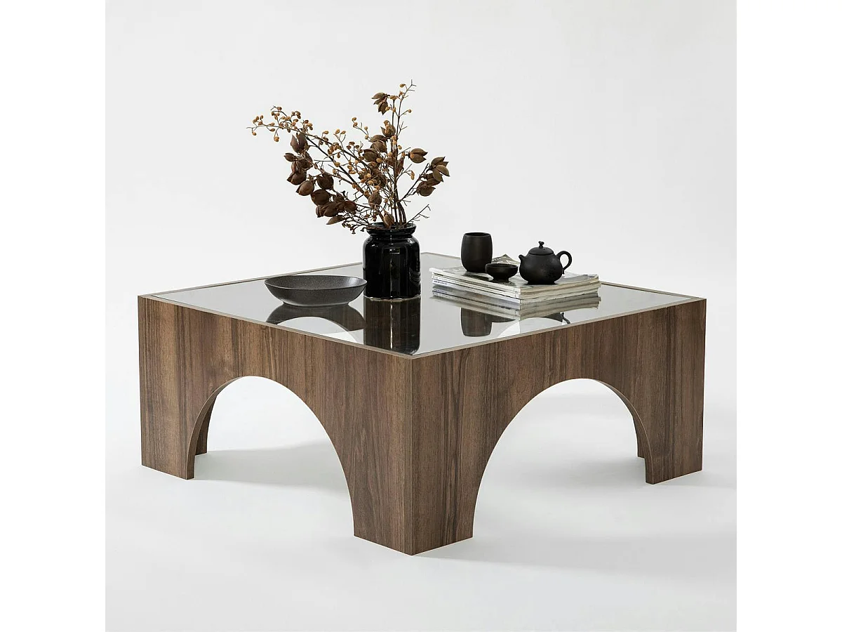 Table basse en verre, structure effet noyer à arches SALTA