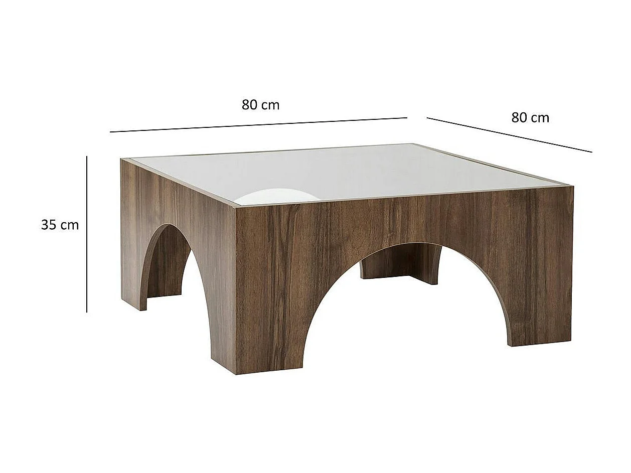 Table basse en verre, structure effet noyer à arches SALTA