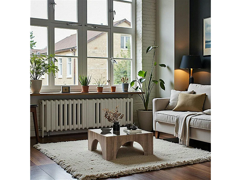 Table basse en verre, structure effet noyer à arches SALTA