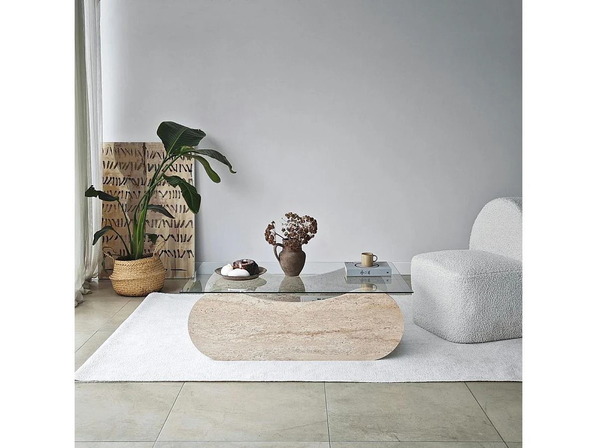 Table basse verre base luge effet travertin avec niche SALTA