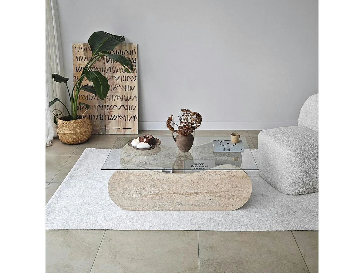 Table basse verre base luge effet travertin avec niche SALTA