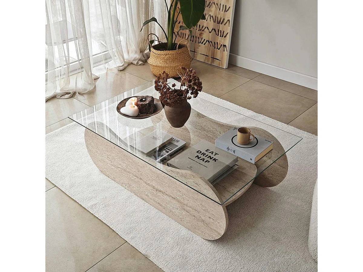 Table basse verre base luge effet travertin avec niche SALTA