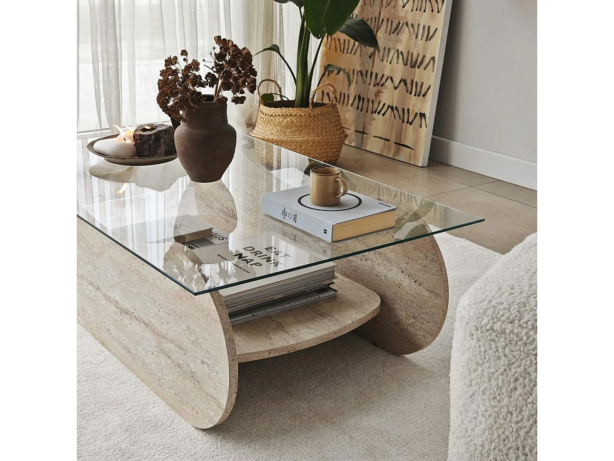 Table basse verre base luge effet travertin avec niche SALTA