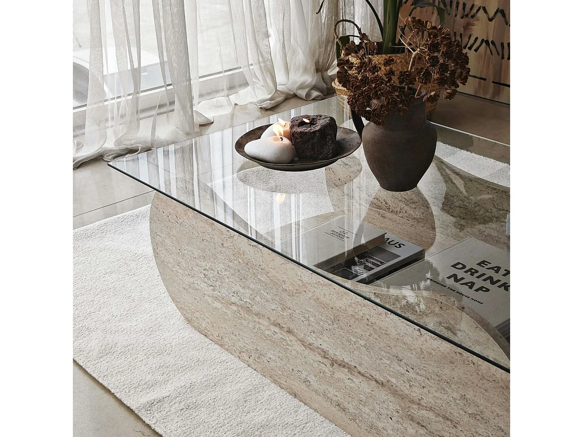 Table basse verre base luge effet travertin avec niche SALTA