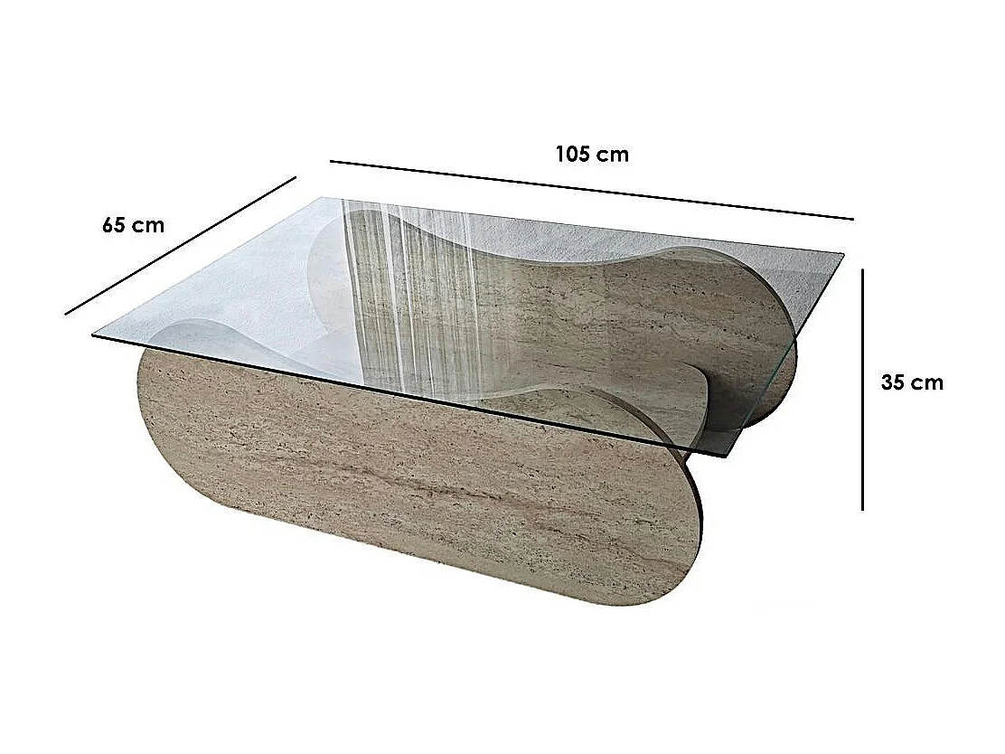 Table basse verre base luge effet travertin avec niche SALTA