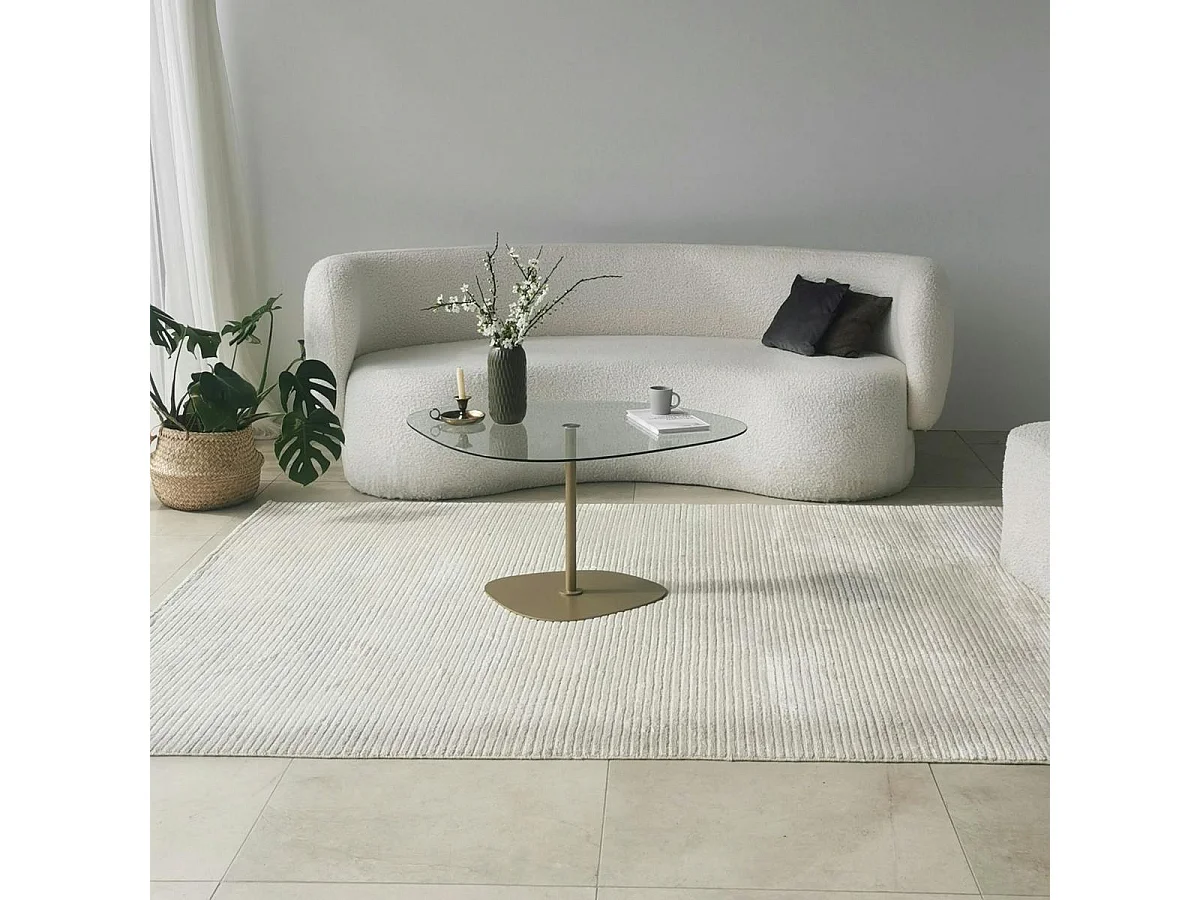 Table basse verre minimaliste forme galet et pied doré TULUM