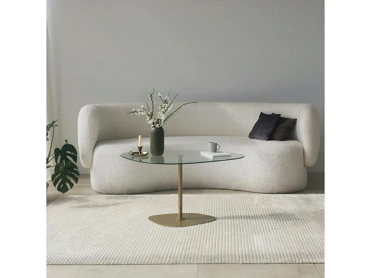 Table basse verre minimaliste forme galet et pied doré TULUM