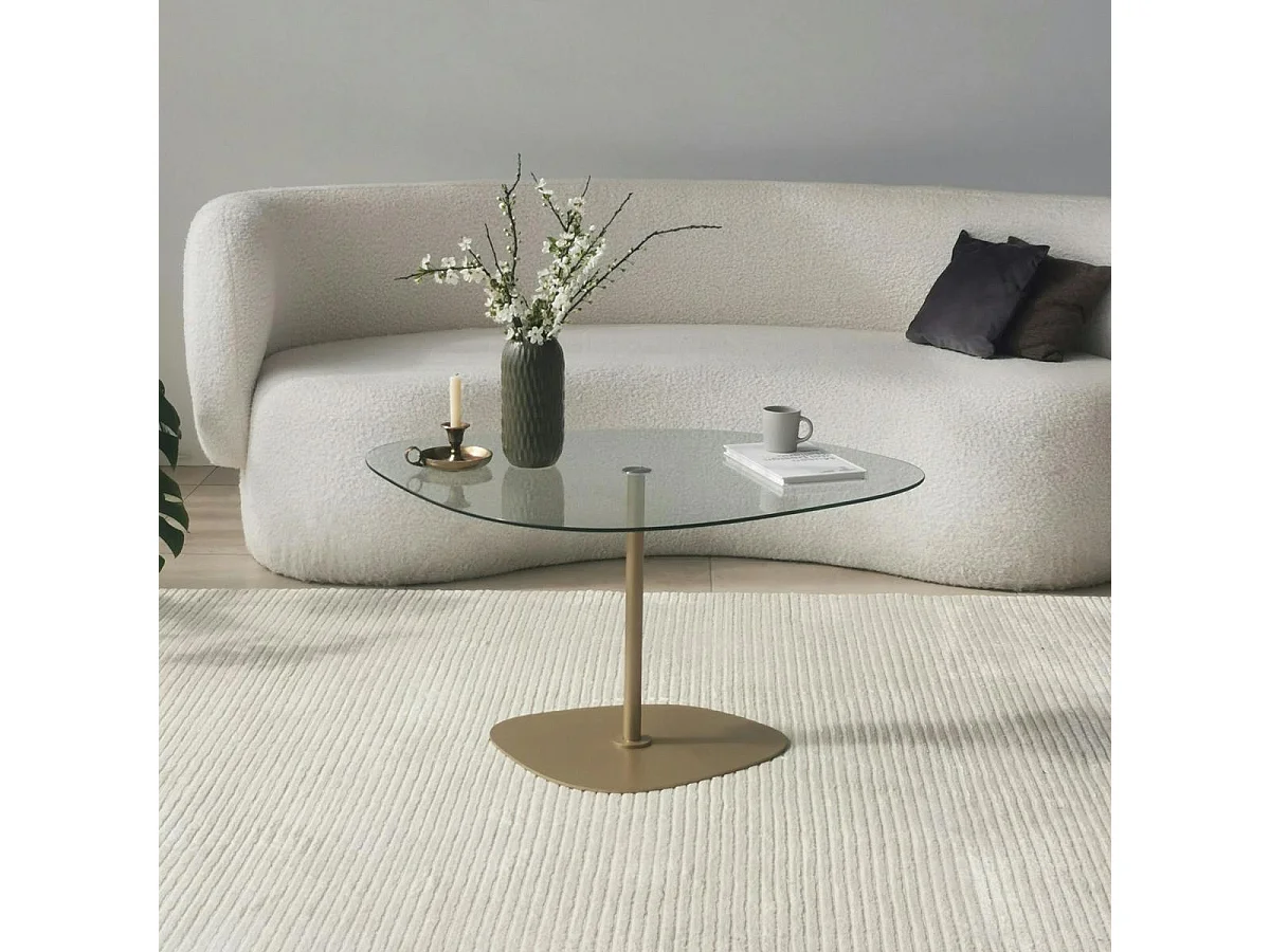 Table basse verre minimaliste forme galet et pied doré TULUM