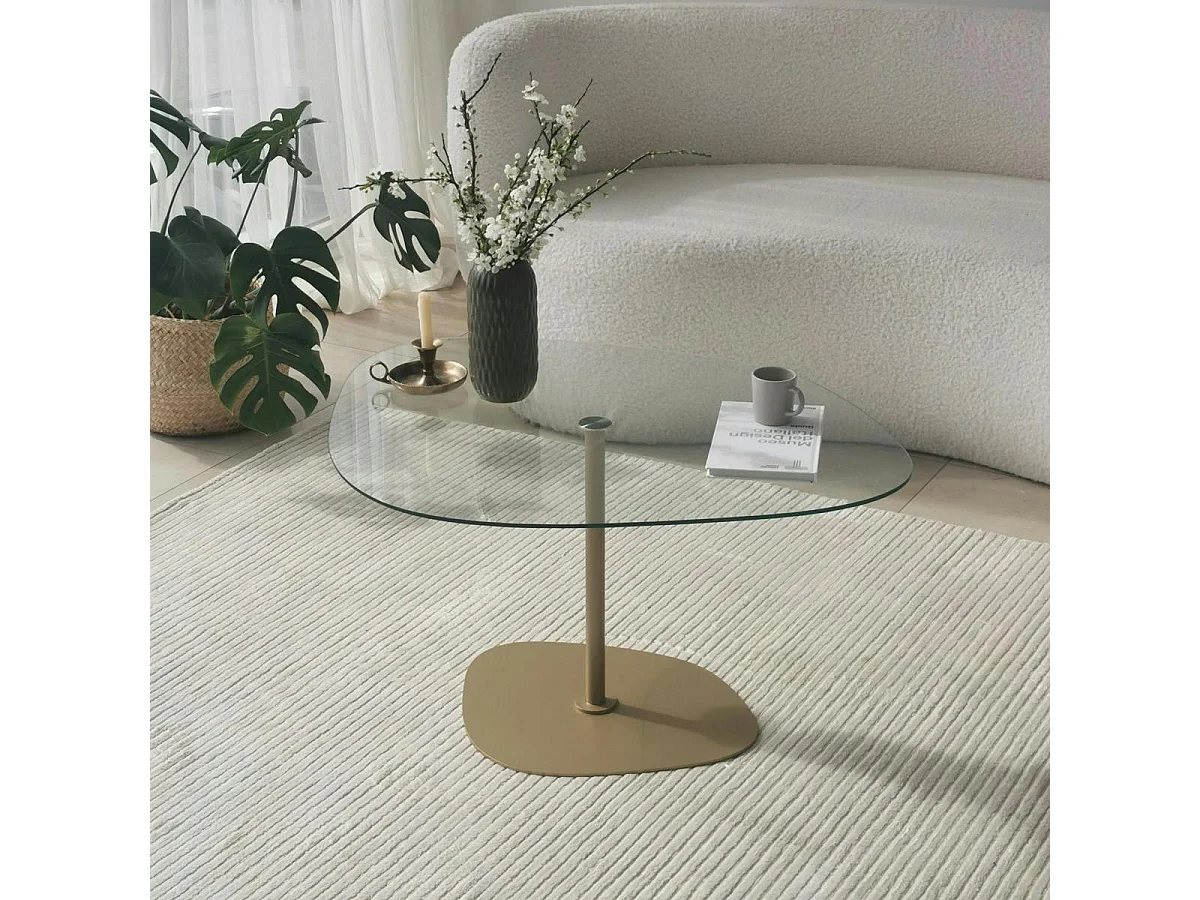 Table basse verre minimaliste forme galet et pied doré TULUM