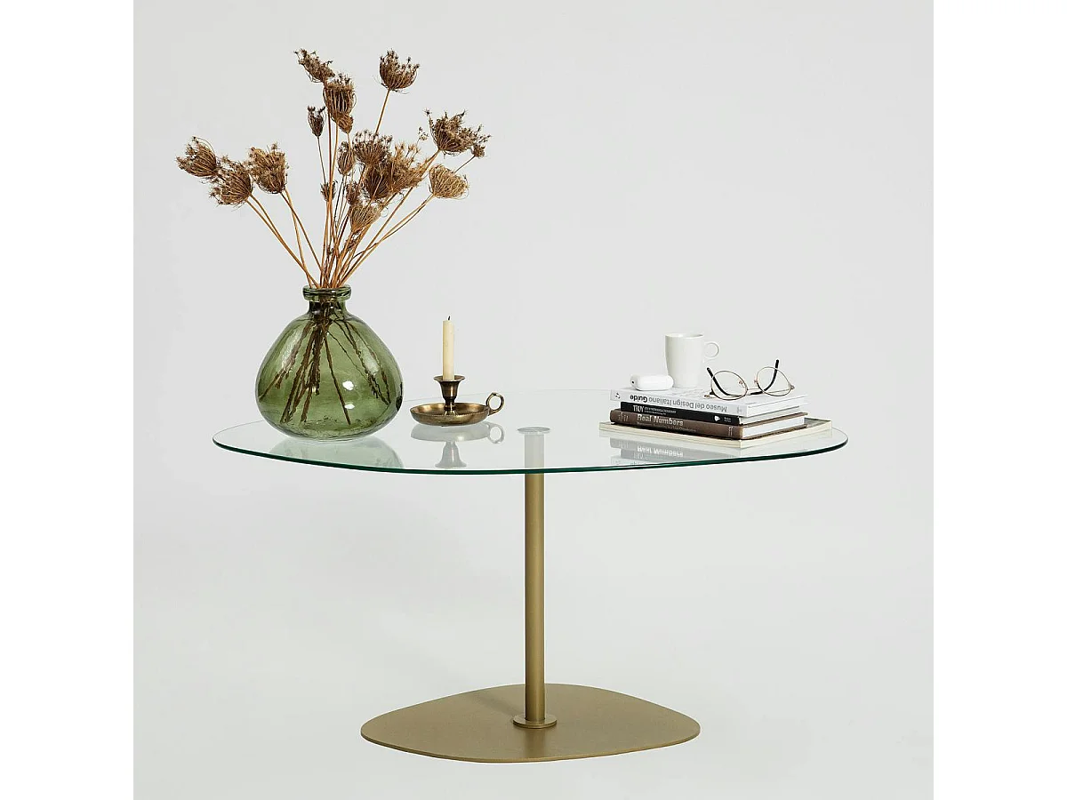 Table basse verre minimaliste forme galet et pied doré TULUM