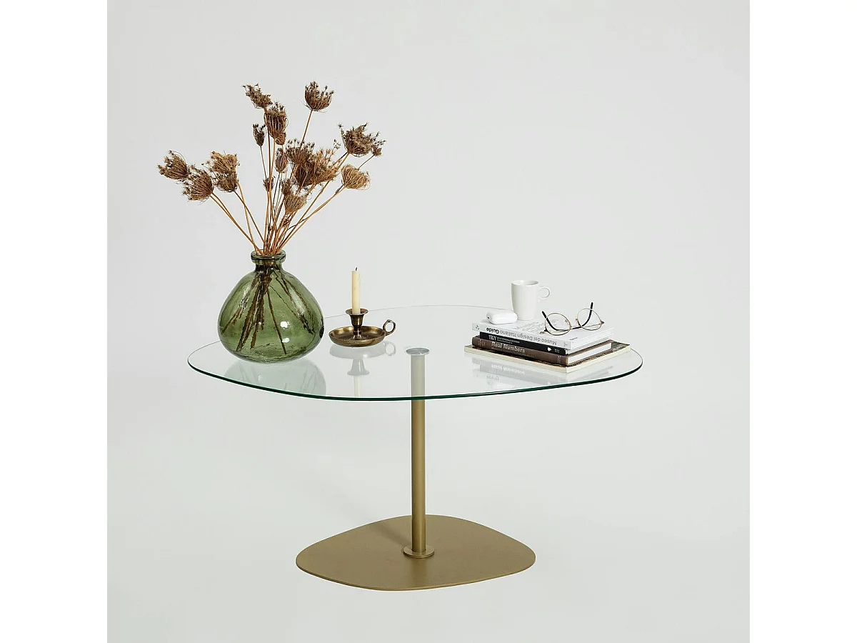 Table basse verre minimaliste forme galet et pied doré TULUM