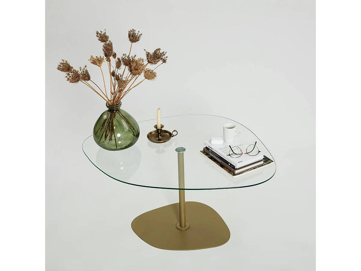 Table basse verre minimaliste forme galet et pied doré TULUM