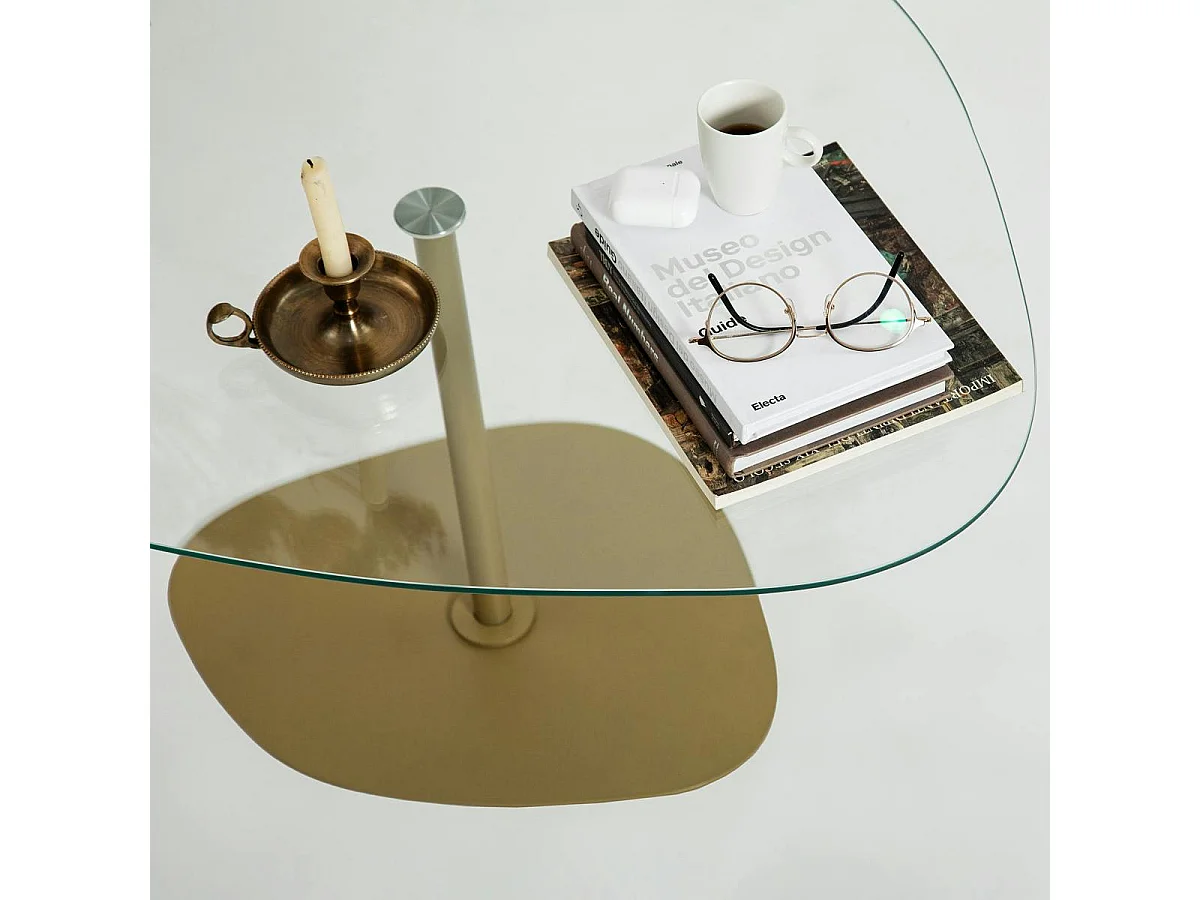 Table basse verre minimaliste forme galet et pied doré TULUM