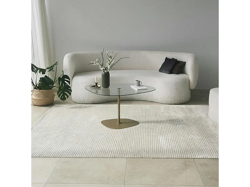 Table basse verre minimaliste forme galet et pied doré TULUM