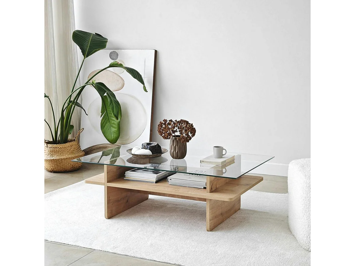 Table basse design 2 plateaux, verre et effet bois SALTA