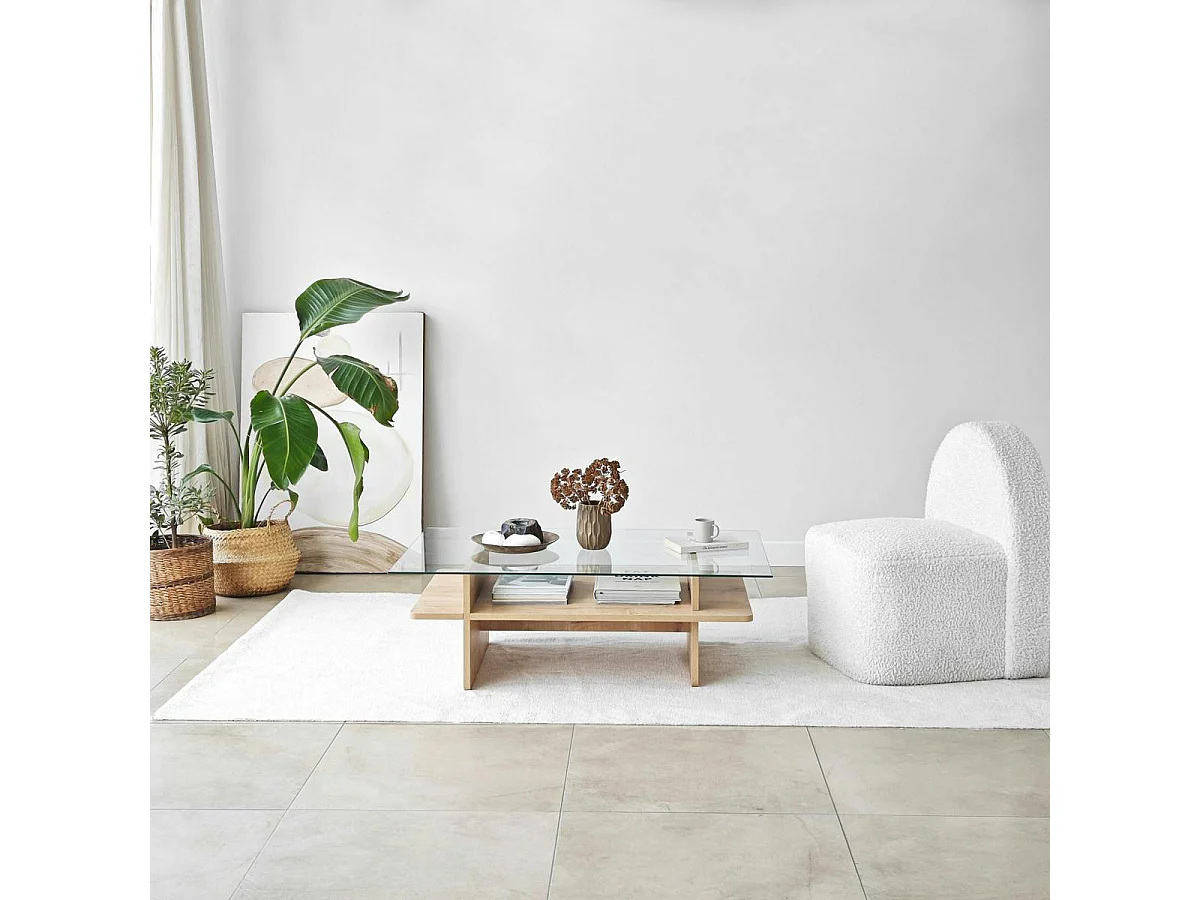 Table basse design 2 plateaux, verre et effet bois SALTA