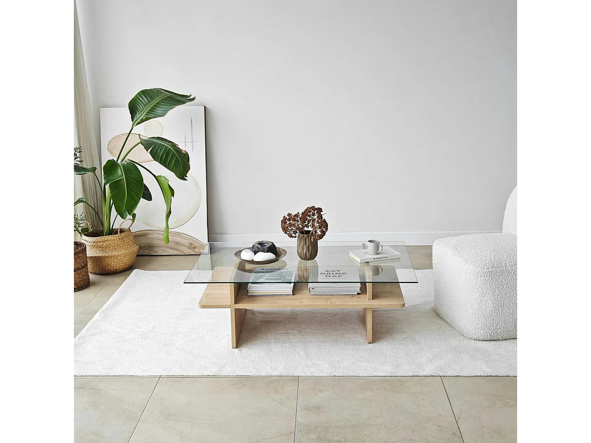 Table basse design 2 plateaux, verre et effet bois SALTA