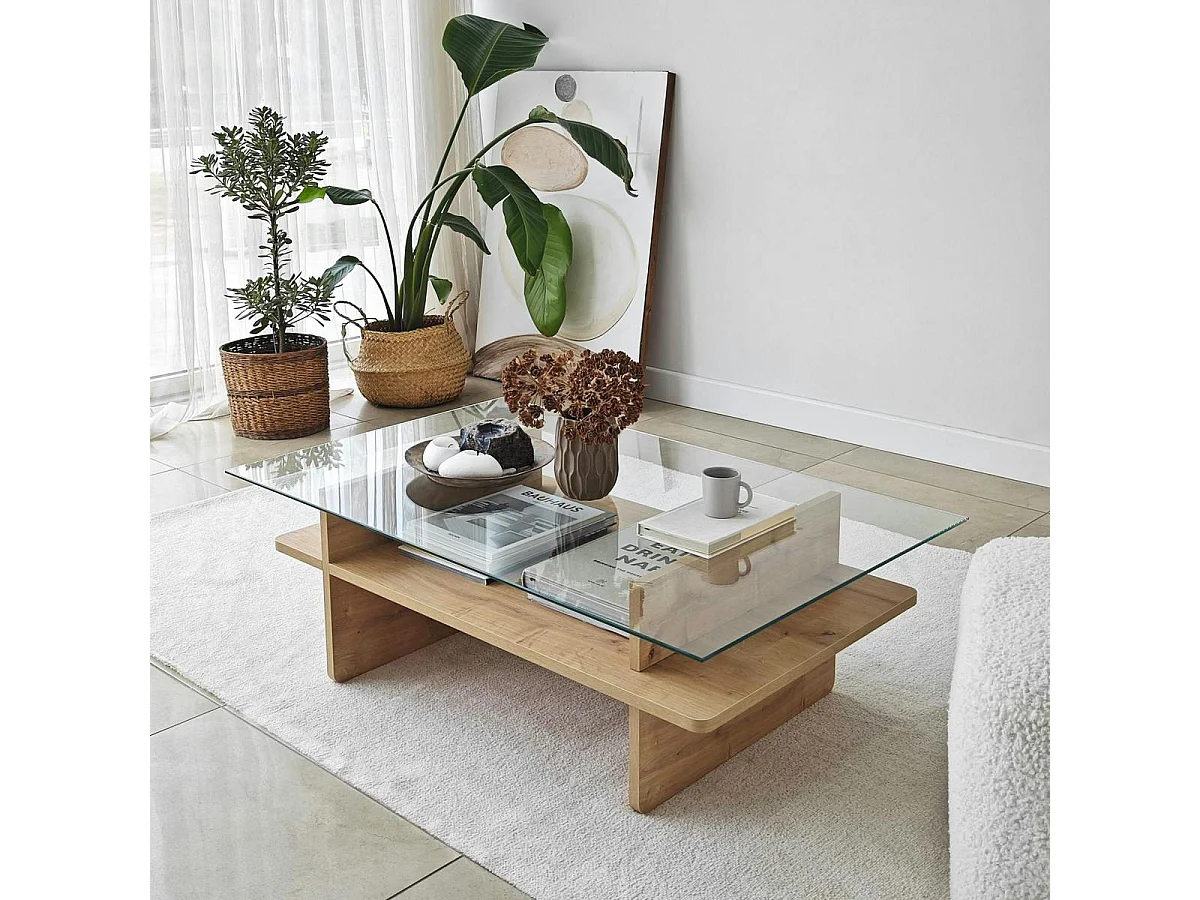 Table basse design 2 plateaux, verre et effet bois SALTA