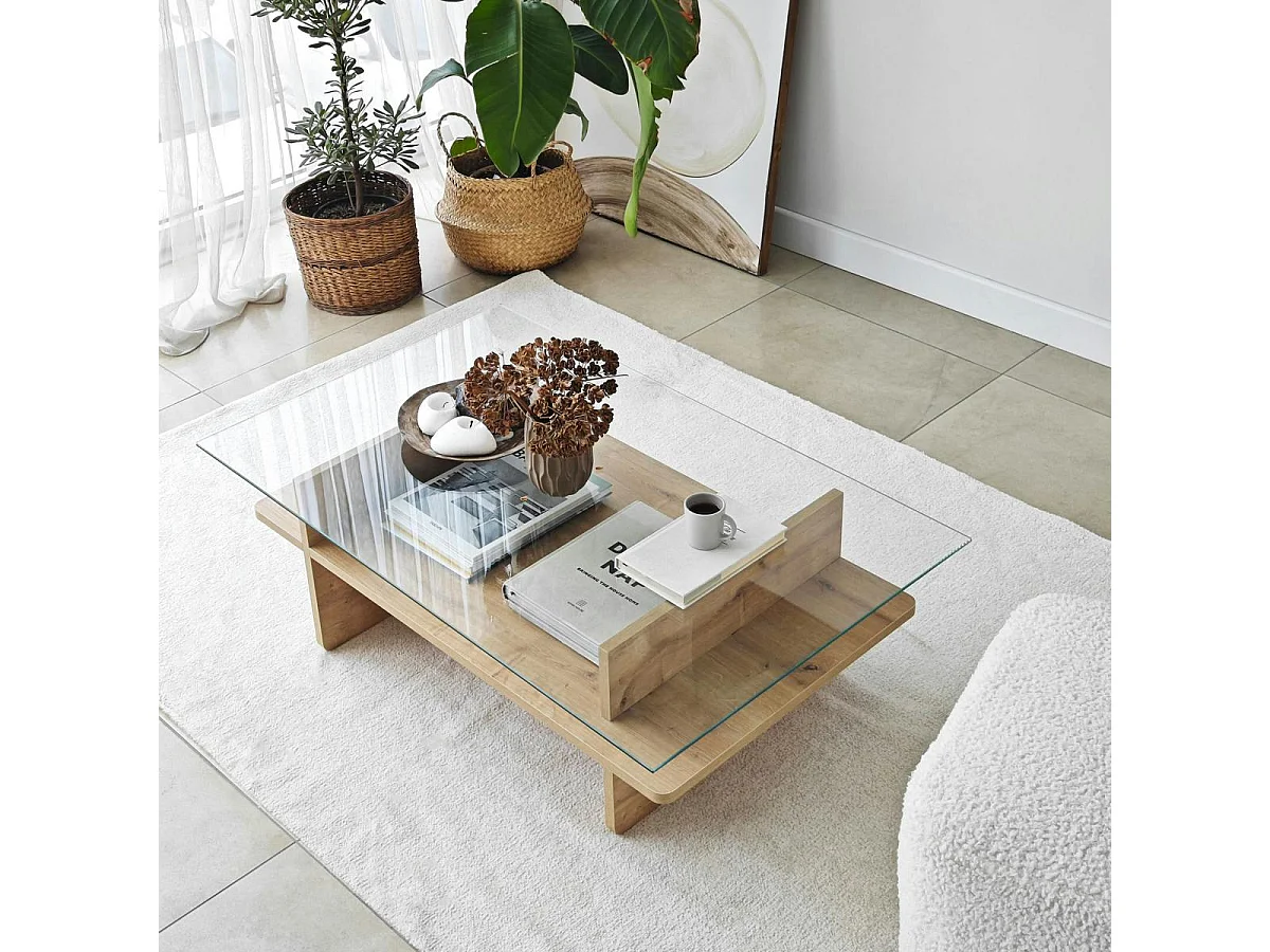 Table basse design 2 plateaux, verre et effet bois SALTA