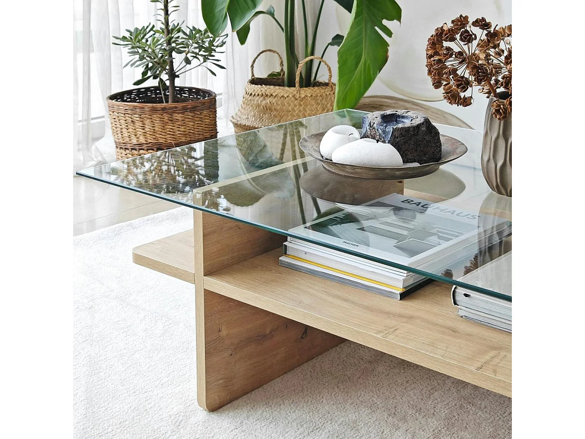 Table basse design 2 plateaux, verre et effet bois SALTA