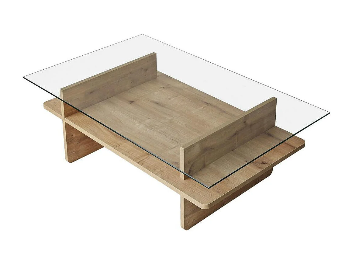 Table basse design 2 plateaux, verre et effet bois SALTA