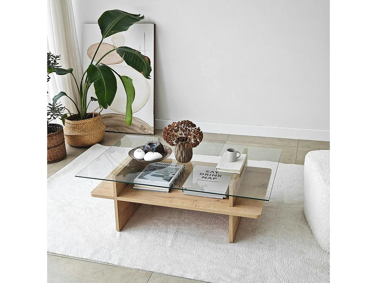 Table basse design 2 plateaux, verre et effet bois SALTA