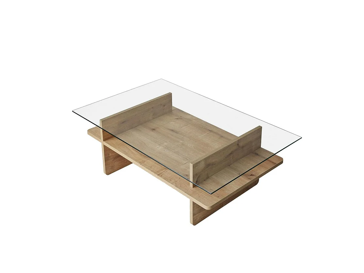 Table basse design 2 plateaux, verre et effet bois SALTA