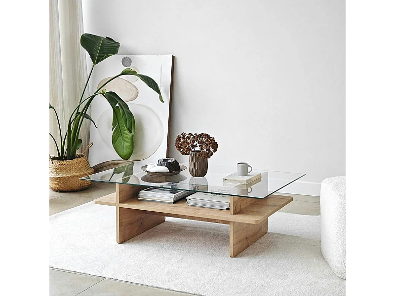 Table basse design 2 plateaux, verre et effet bois SALTA