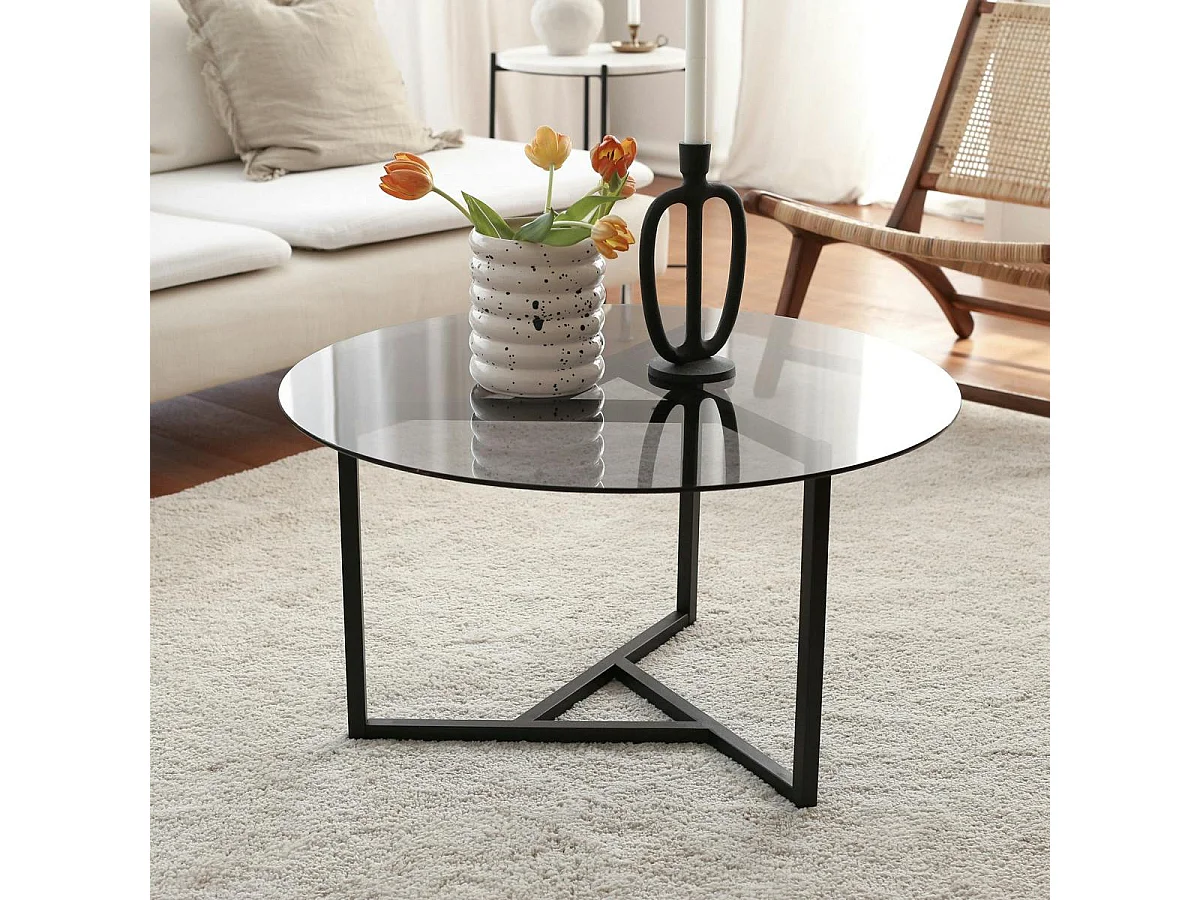Table basse ronde verre fumé, pied noir 3 branches TULUM