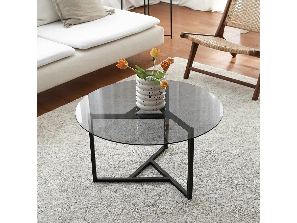 Table basse ronde verre fumé, pied noir 3 branches TULUM