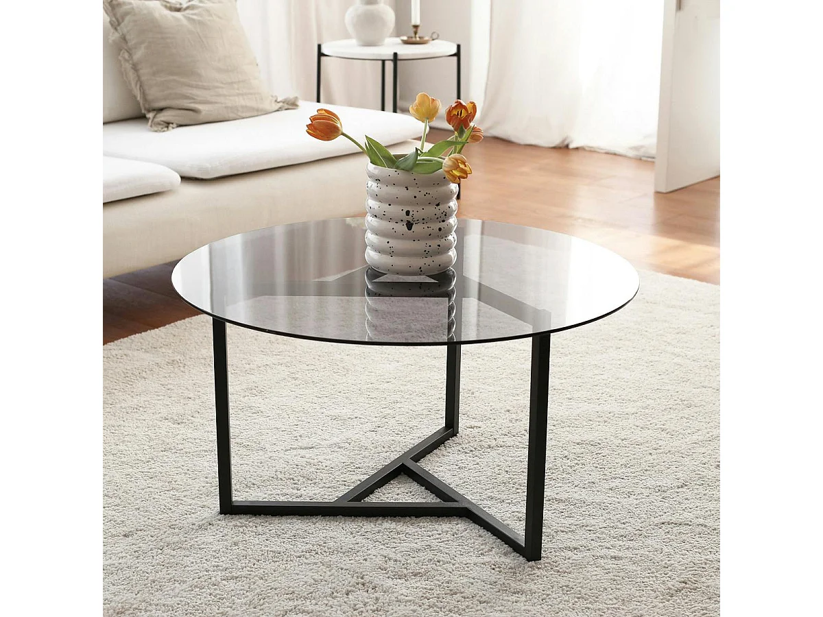 Table basse ronde verre fumé, pied noir 3 branches TULUM