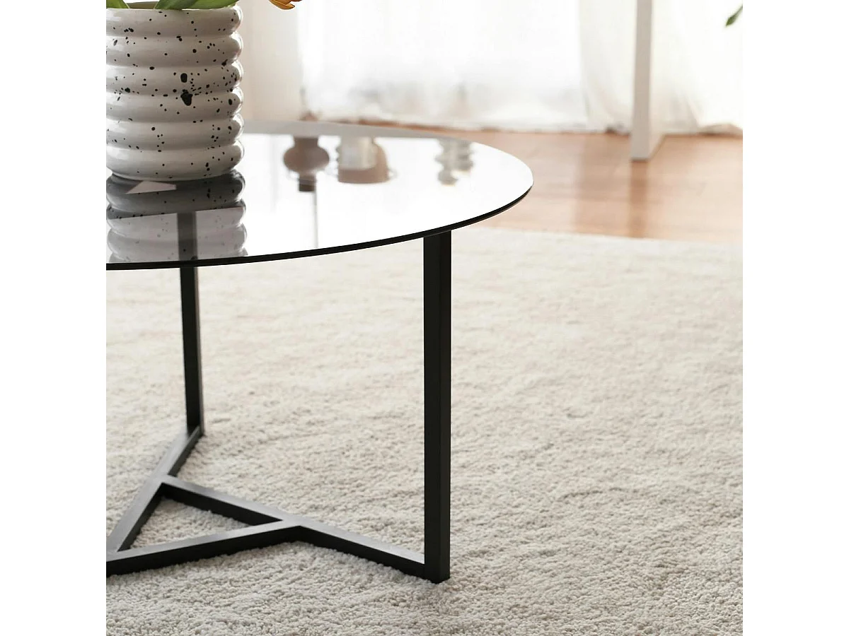 Table basse ronde verre fumé, pied noir 3 branches TULUM