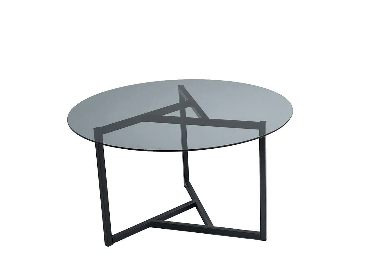 Table basse ronde verre fumé, pied noir 3 branches TULUM