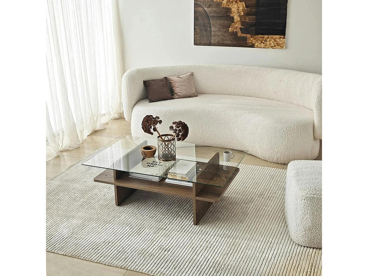 Table basse design 2 plateaux, verre et effet noyer SALTA