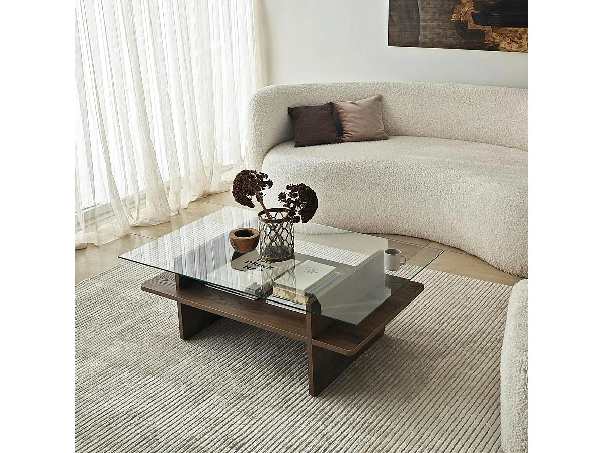 Table basse design 2 plateaux, verre et effet noyer SALTA