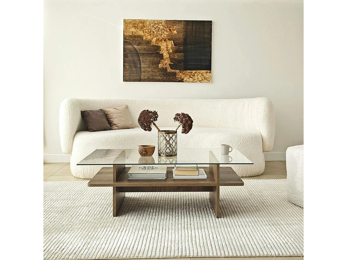 Table basse design 2 plateaux, verre et effet noyer SALTA