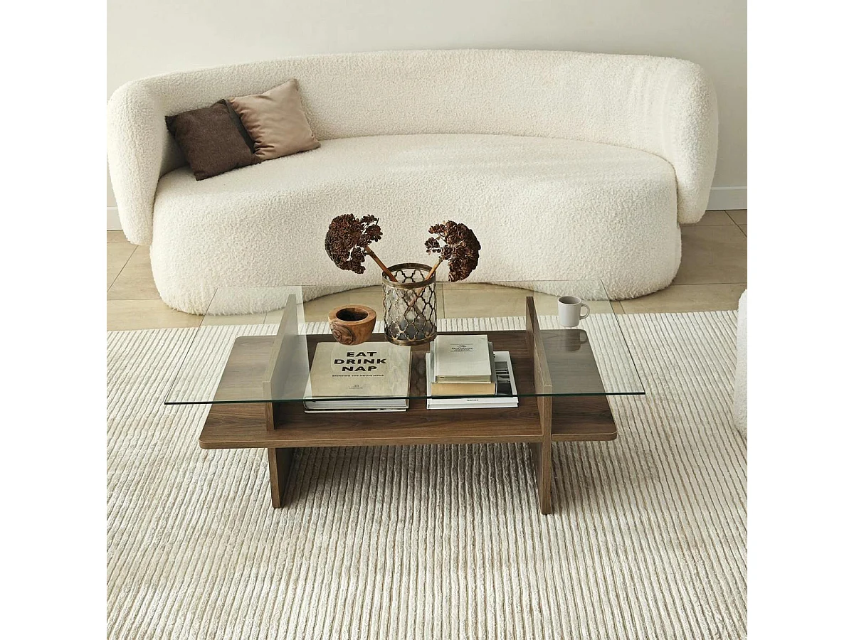 Table basse design 2 plateaux, verre et effet noyer SALTA