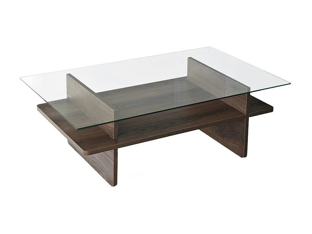 Table basse design 2 plateaux, verre et effet noyer SALTA