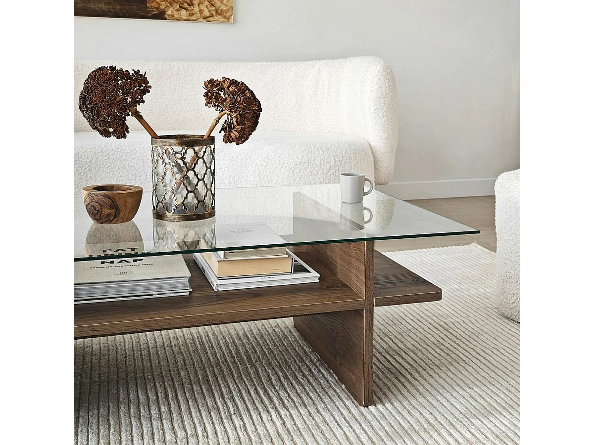 Table basse design 2 plateaux, verre et effet noyer SALTA