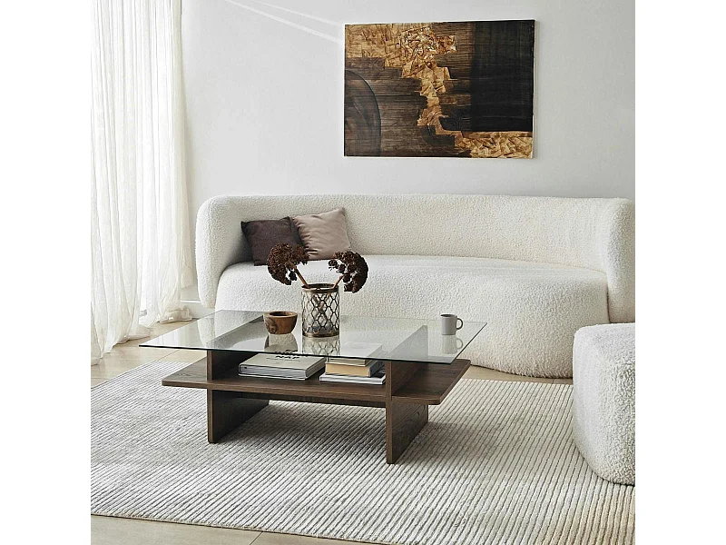 Table basse design 2 plateaux, verre et effet noyer SALTA