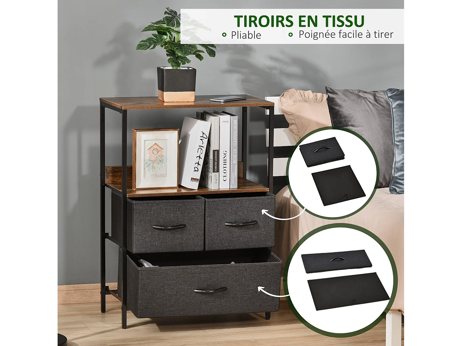 Meuble de rangement commode 3 tiroirs étagère plateau acier noir MDF effet bois vieilli non tissé gris