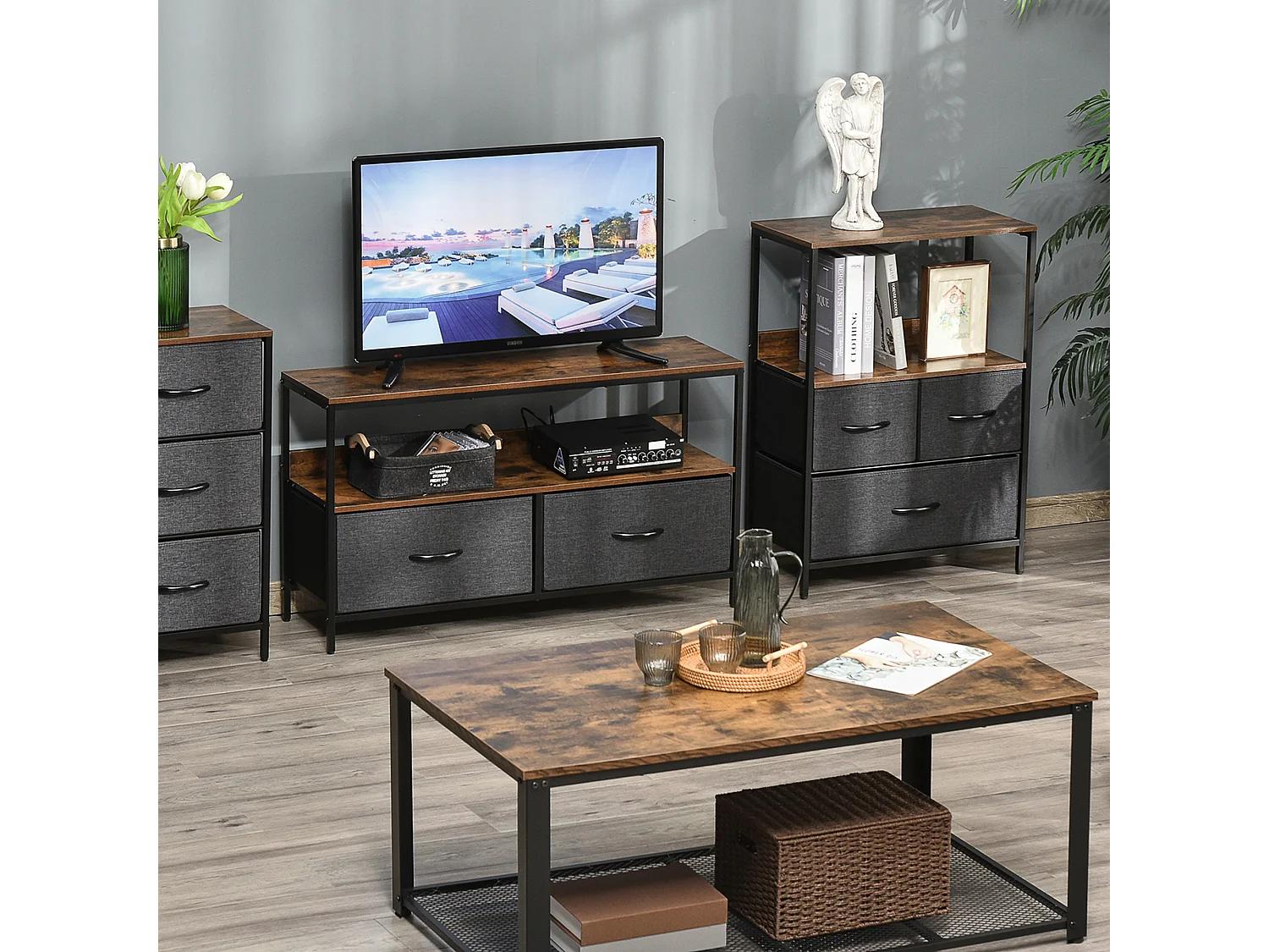 Meuble de rangement commode 3 tiroirs étagère plateau acier noir MDF effet bois vieilli non tissé gris