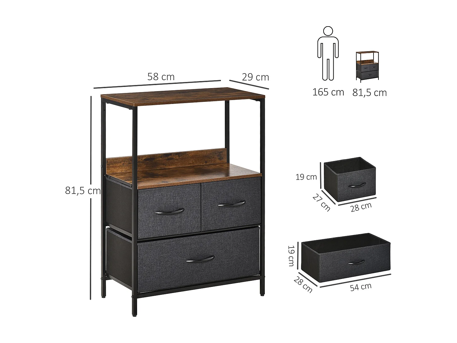 Meuble de rangement commode 3 tiroirs étagère plateau acier noir MDF effet bois vieilli non tissé gris