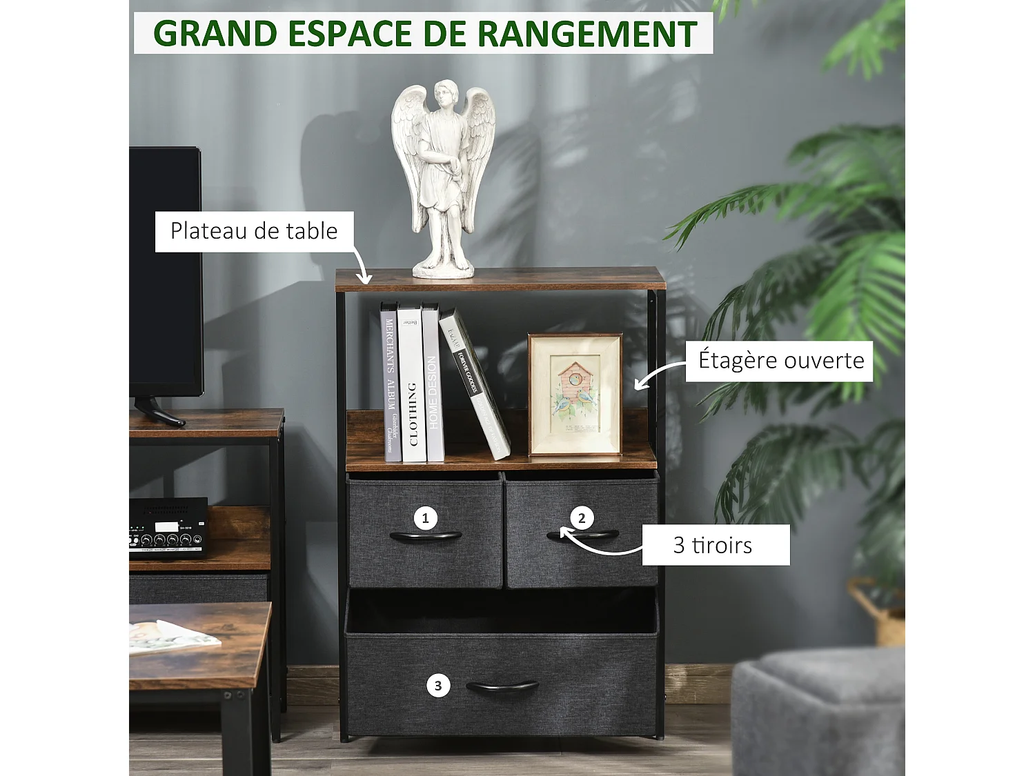 Meuble de rangement commode 3 tiroirs étagère plateau acier noir MDF effet bois vieilli non tissé gris