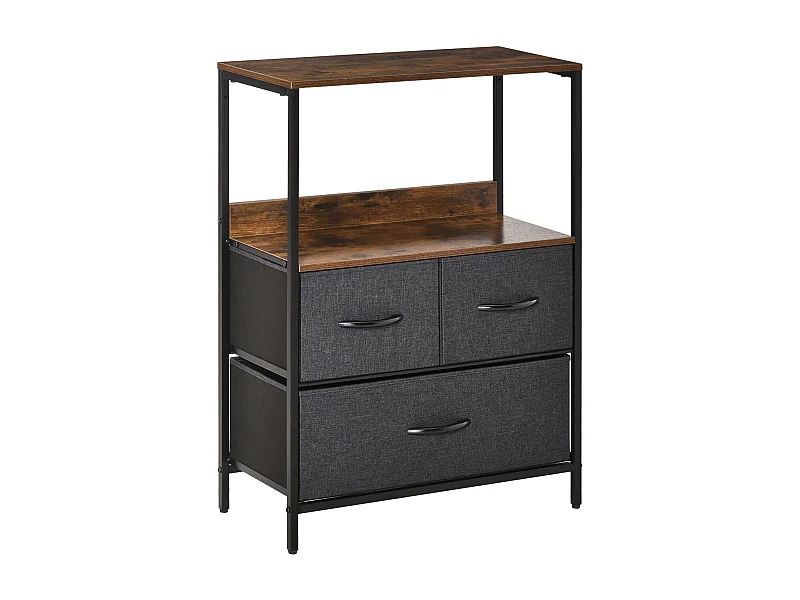 Meuble de rangement commode 3 tiroirs étagère plateau acier noir MDF effet bois vieilli non tissé gris