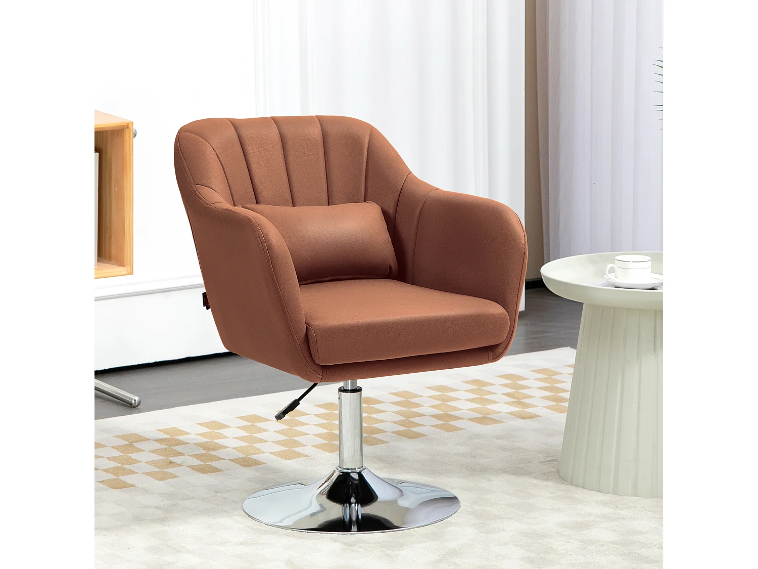 Fauteuil lounge design grand confort coussins lombaires hauteur réglable pivotant 360° piètement métal chromé lin marron