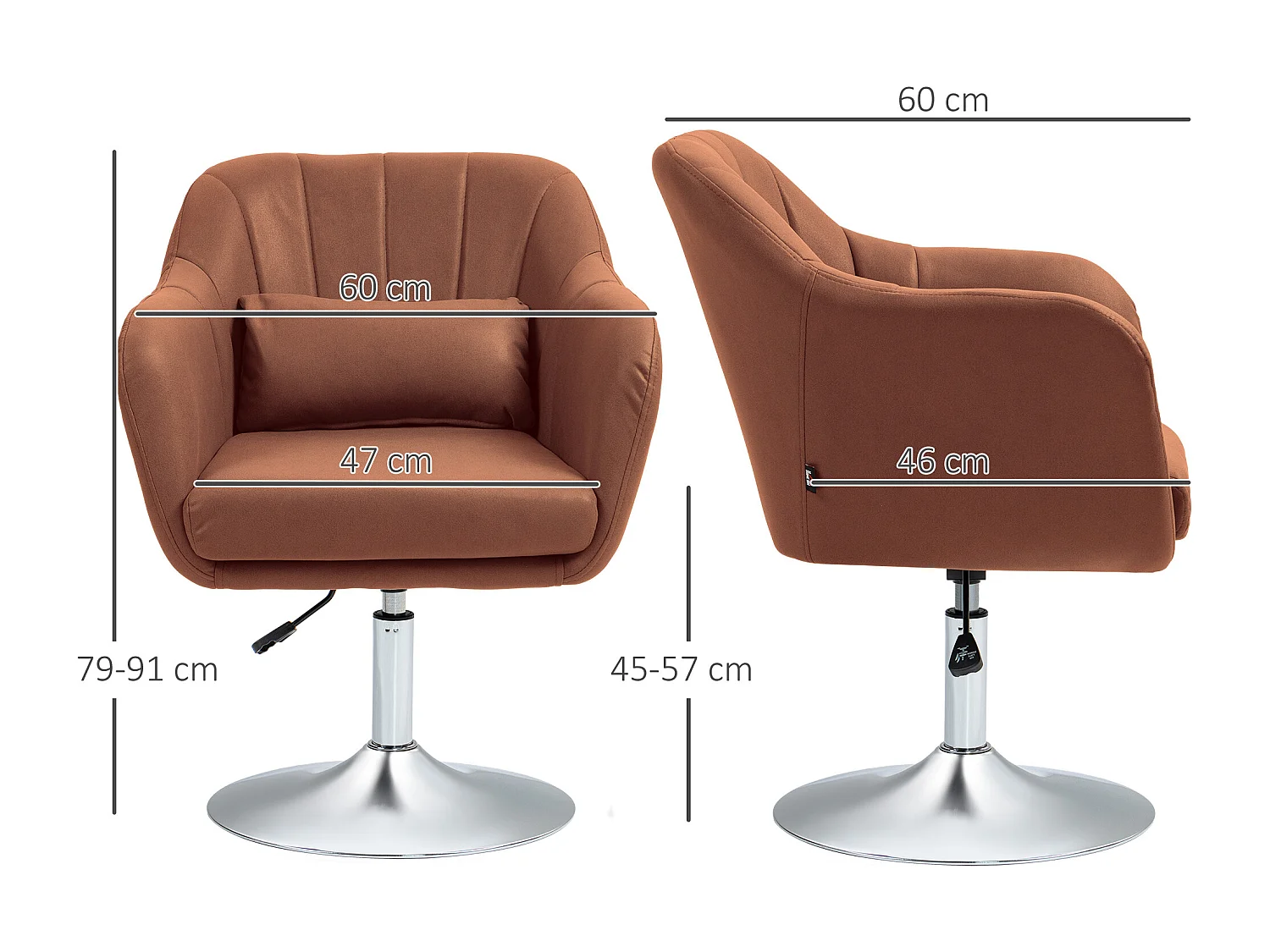Fauteuil lounge design grand confort coussins lombaires hauteur réglable pivotant 360° piètement métal chromé lin marron