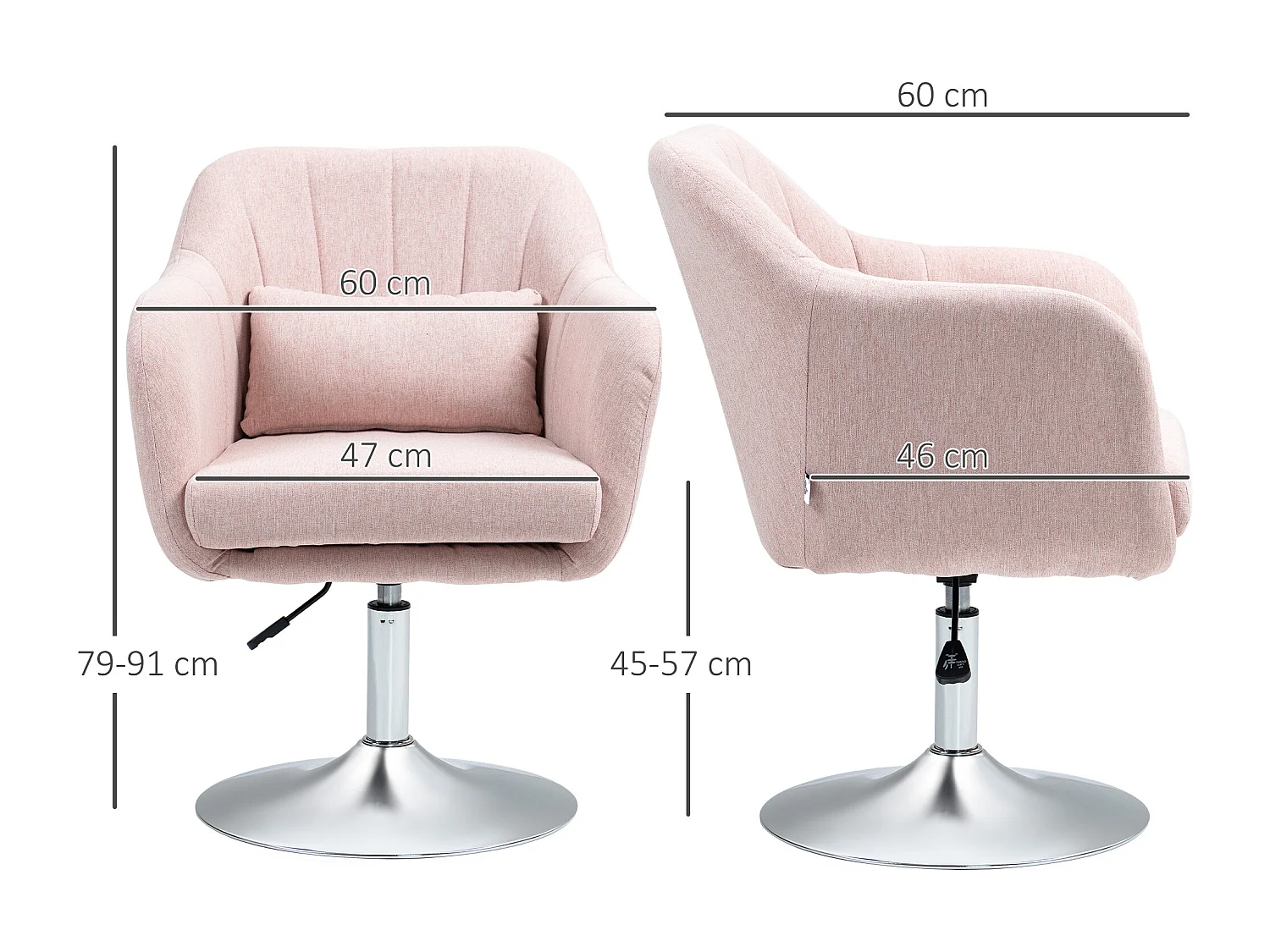 Fauteuil lounge design grand confort coussins lombaires hauteur réglable pivotant 360° piètement métal chromé lin rose